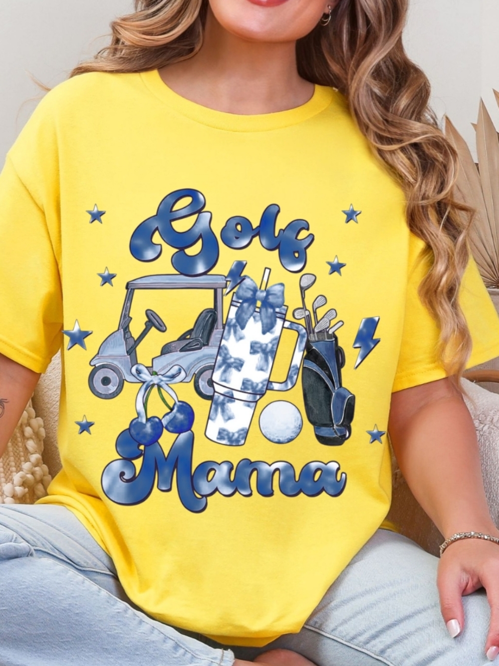 Gildan Yellow Tee with Blue Golf Mama Graphic
